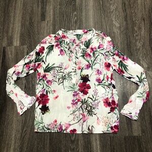 Reserved Floral Henly Blouse White Pink Green Long Sleeve Size 12